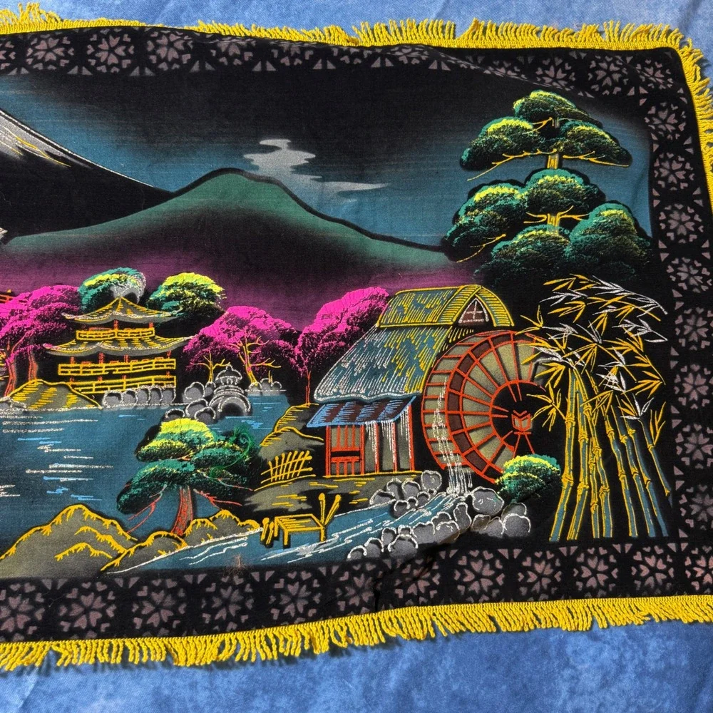 Vintage Japanese Velvet Wall Hanging Mount Fuji Pagoda Landscape Fringe 45x18